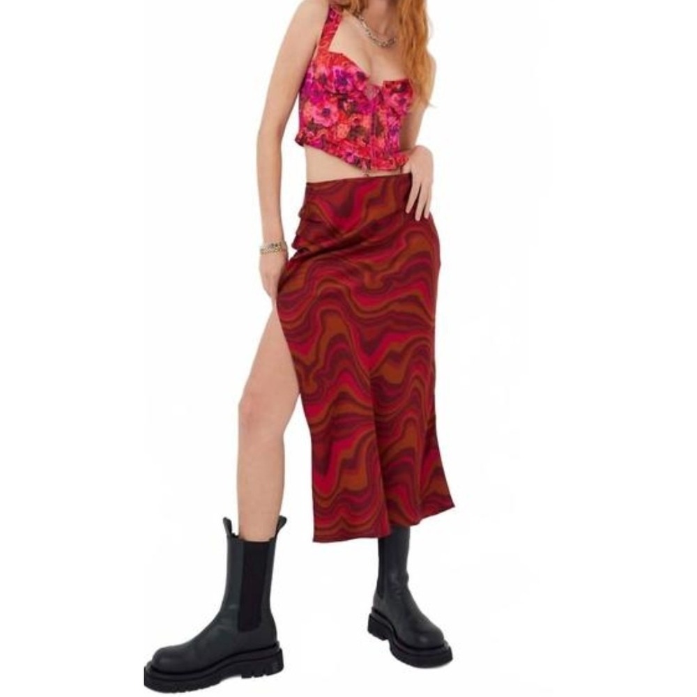 For Love & Lemons Eleanor Midi Slip Skirt Side Slit Swirl Print Red Retro Y2K M